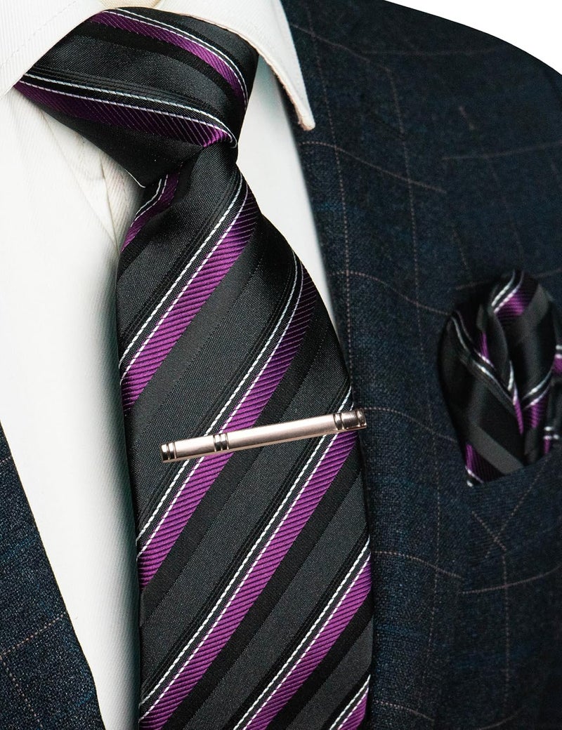 RBOCOTT Silk Stripe Plaid Tie and Pocket Square with Tie Clip Sets for Men - Image 2